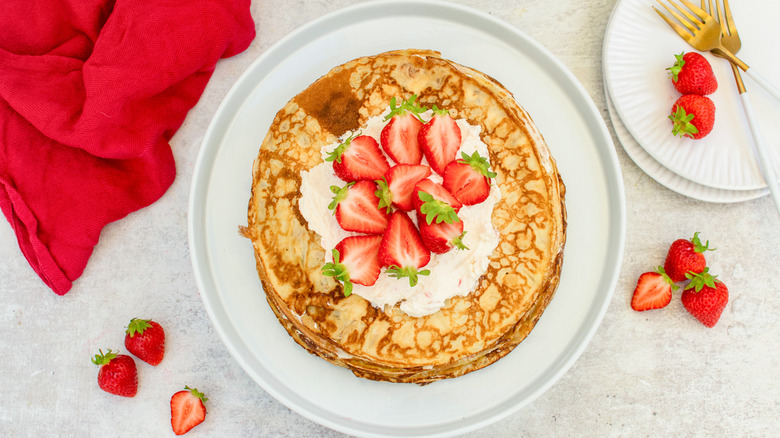 strawberries and cream crepe cake top view