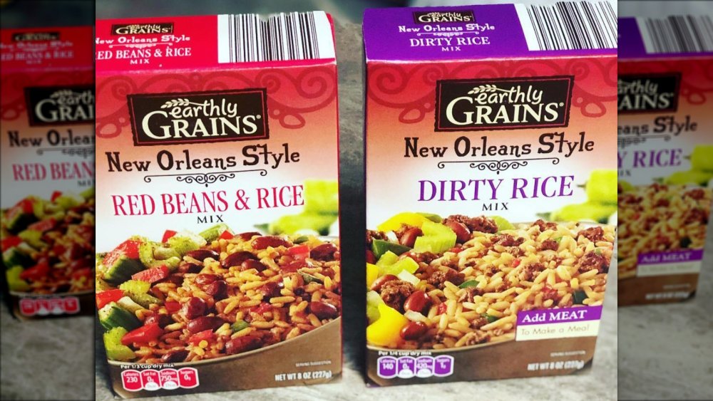 Boxes of Aldi brand Earthly Grains New Orleans style red beans and rice and dirty rice mixes