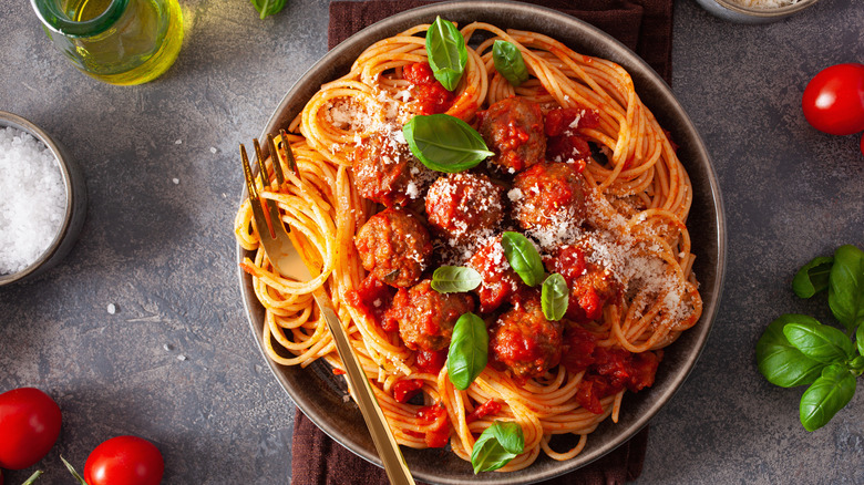 Spaghetti with meatballs in a bowl