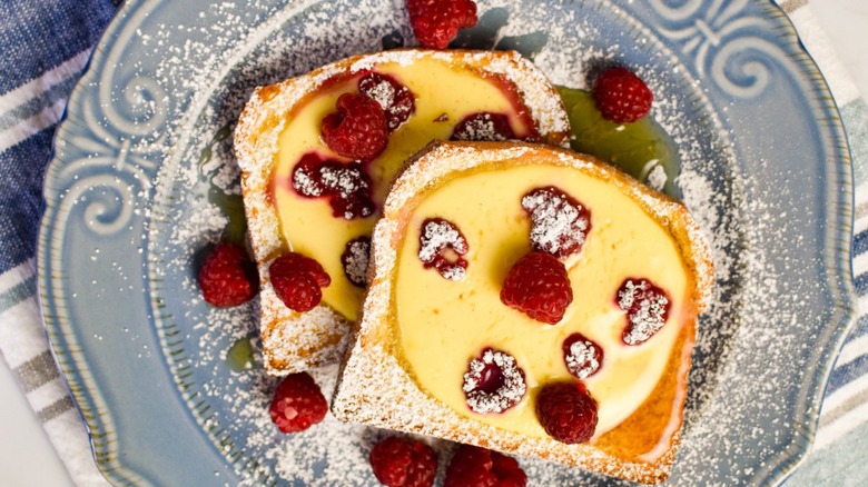 custard toast with raspberries