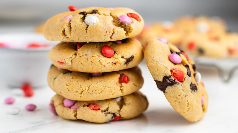 valentine's day m&ms cookies on counter 