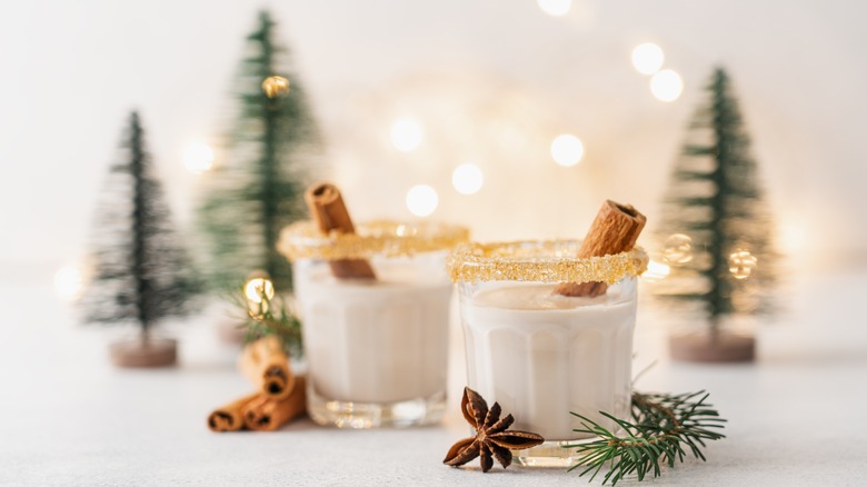 eggnog surrounded in festive decor