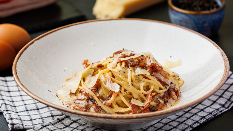 Pasta Carbonara in white bowl