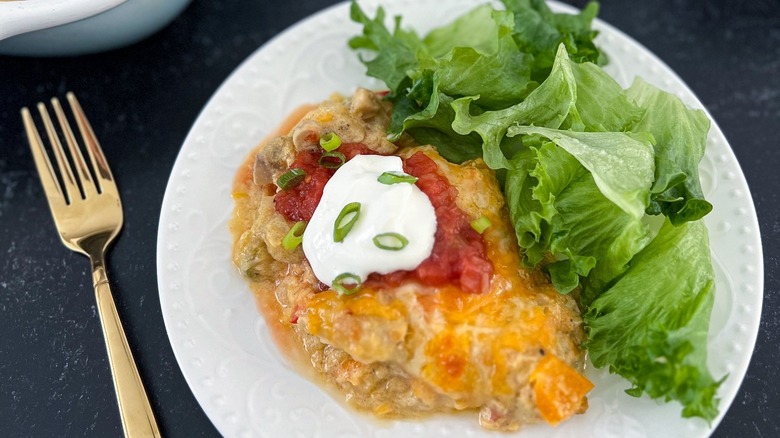 chicken casserole on white plate