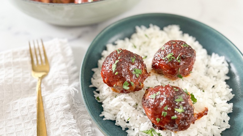 plate of ham balls on rice