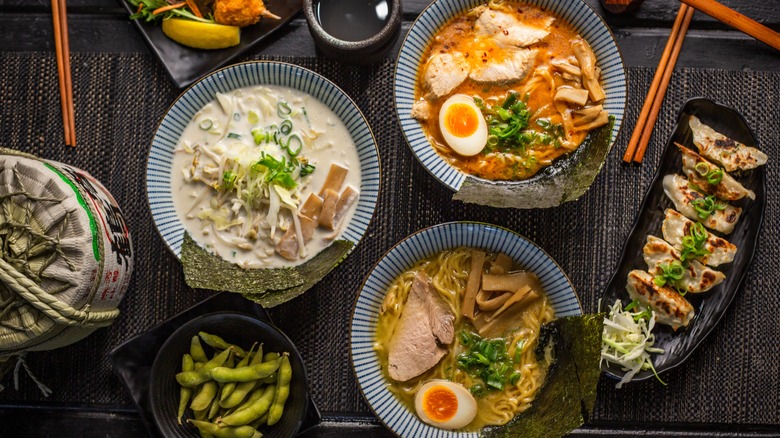 Variety of Japanese dishes on table