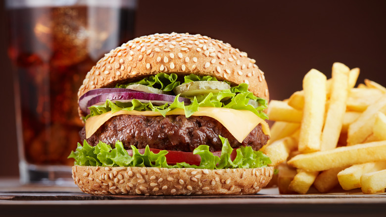 burger with fries and drink