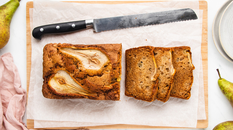 sliced pear bread on board