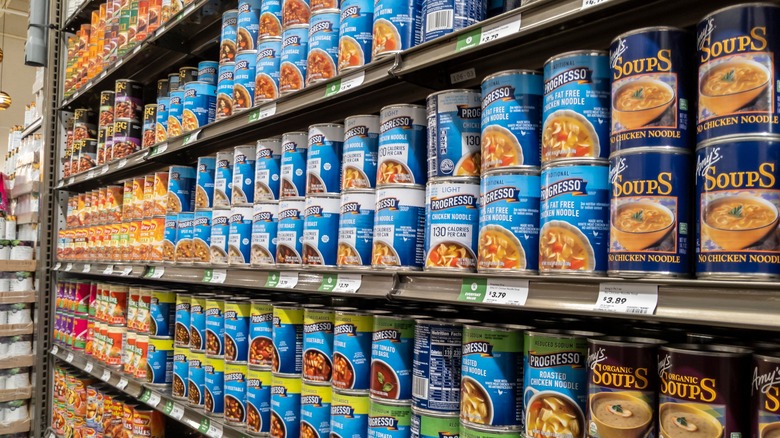 Canned soup on shelves