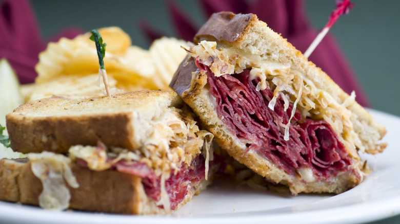 Sliced Reuben sandwich