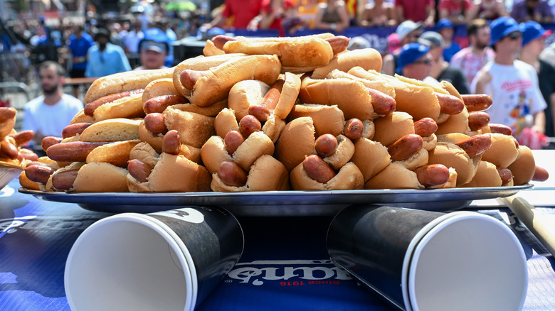 Pile of Nathan's hot dogs