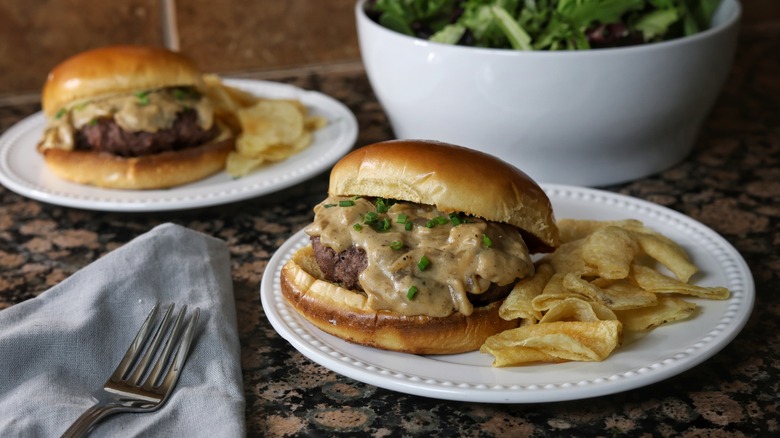 plated beef stroganoff burgers