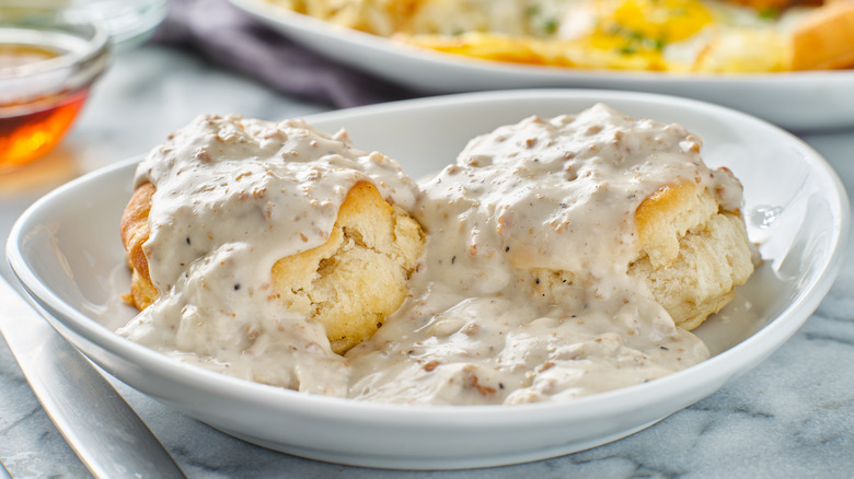 Plated biscuits and sawmill gravy