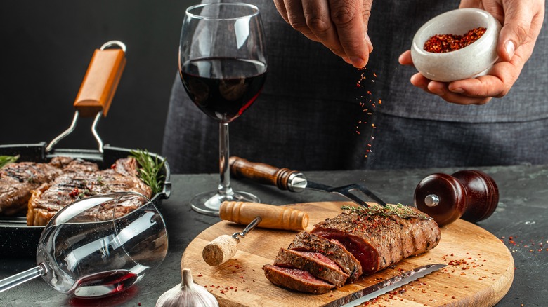 Steak preparation in a kitchen