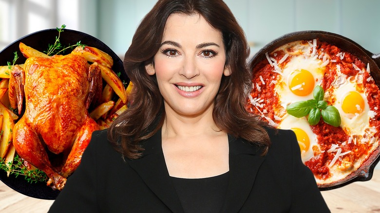 Nigella Lawson with chicken and shakshuka