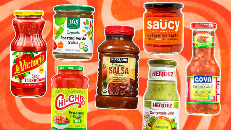 Assorted salsas on red background 