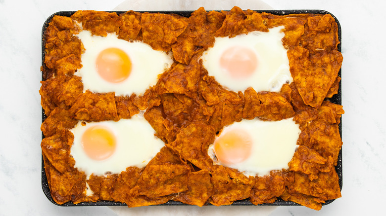 chilaquiles with eggs on sheet