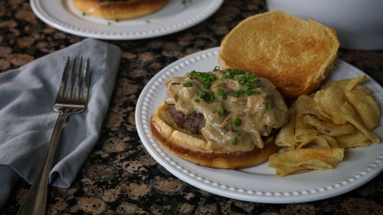 smothered beef stroganoff burger