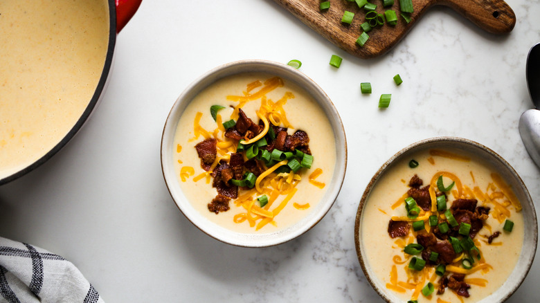 bacon garnished potato soup bowls