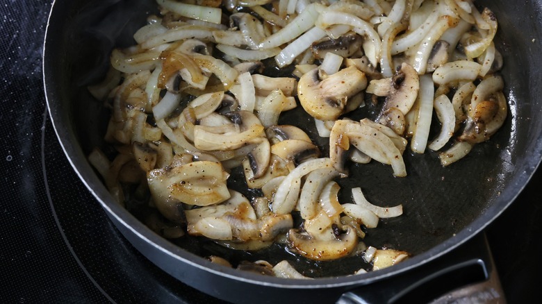 skillet of onions and mushrooms