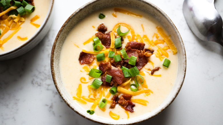 bacon garnished potato soup bowl