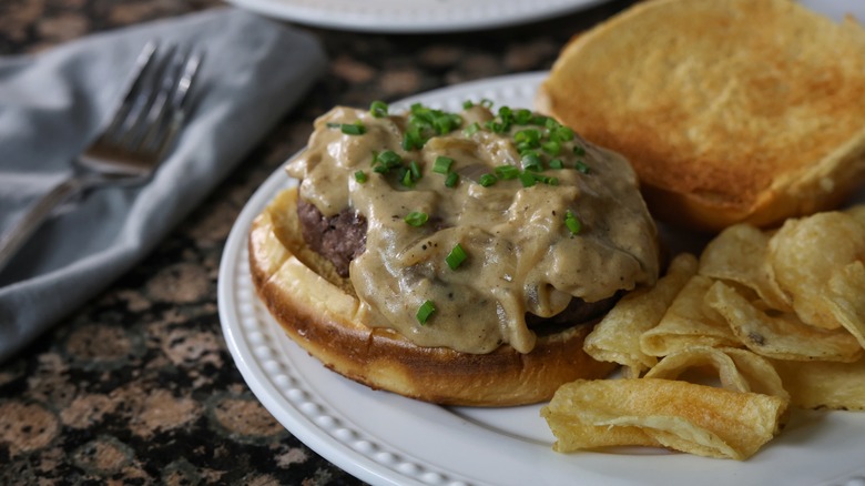 smothered beef stroganoff burger