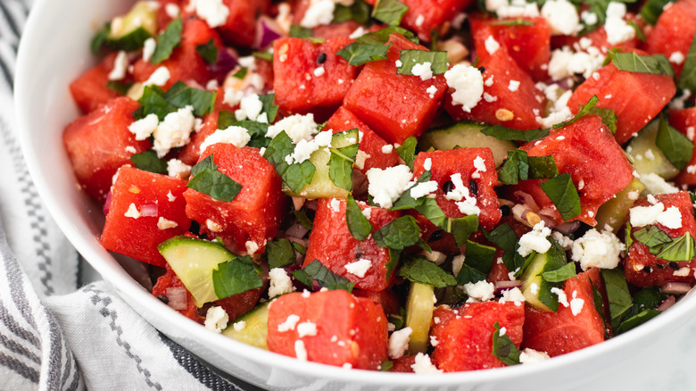 close up of watermelon salad